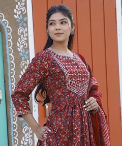 Red Cotton Printed Naira Cut Suits Set