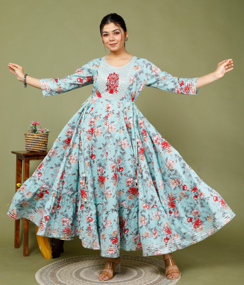 Sky Blue Cotton Printed Anarkali Gown