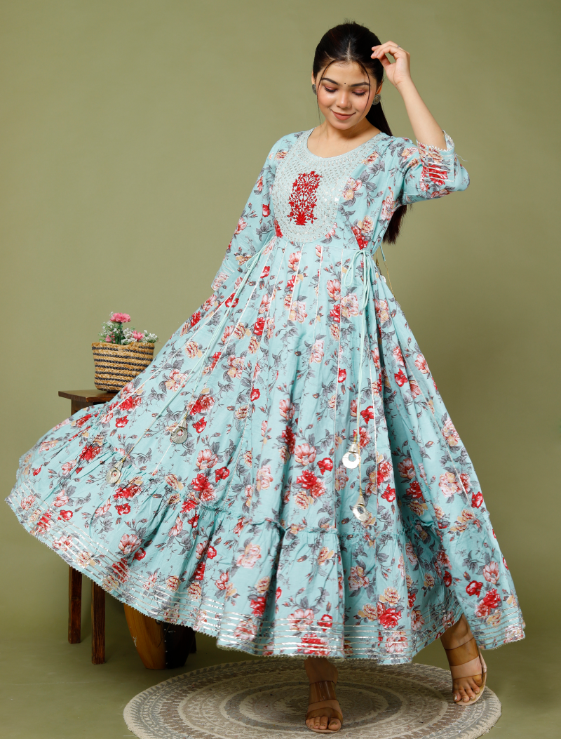 Sky Blue Cotton Printed Anarkali Gown